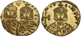 Constantine V Copronymus with Leo IV and Leo III (741-775). AV Solidus (20mm, 3.84g). Syracuse, 751-775. Crowned facing busts of Constantine V and Leo...