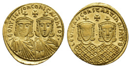 Leo IV the Khazar with Constantine VI, Leo III and Constantine V (775-780). AV Solidus (21mm, 4.42g). Constantinople, c. 778-780. Crowned facing busts...