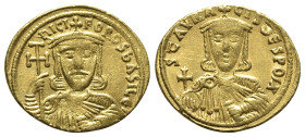 Nicephorus I with Stauracius (802-811). AV Solidus (21mm, 4.37g, 6h). Constantinople, 803-811. Crowned bust of Nicephorus facing, wearing chlamys, hol...