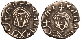 Michael III (842-867). AV Semissis (13mm, 1.52g). Syracuse. Crowned facing bust of Michael, wearing chlamys, holding globus cruciger. R/ Crowned facin...