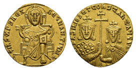 Basil I and Constantine (867-886). AV Solidus (19mm, 4.38g). Constantinople, 870-871. Christ Pantokrator enthroned facing. R/ Crowned facing busts of ...
