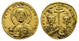Constantine VII Porphyrogenitus with Romanus II (913-959). AV Histamenon Nomisma (19mm, 4.40g). Constantinople, 955-959. Facing bust of Christ Pantokr...