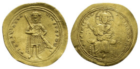Isaac I Comnenus (1057-1059). AV Histamenon Nomisma (26mm, 4.42g). Constantinople. Christ Pantokrator seated facing on throne, raising hand in benedic...