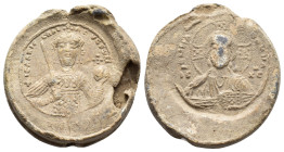 Isaac I Comnenus (1057-1059). Pb Seal (36mm, 32.79g). +EMMA NOVHA, Facing bust of Christ Pantokrator; IC XC flanking. R/ +ICAAKIOC RACI LEVC PwM, Crow...