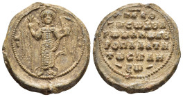 Byzantine Pb Seal, Romanos Skleros, kouropalates, mid 11th century (38mm, 30.54g). M/I - X/A, Archangel Michael standing facing, holding sceptre and g...