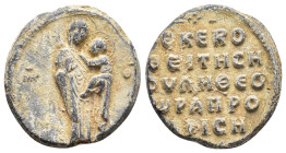 Byzantine PB Seal, c. 11th-12th century AD (27mm, 14.92g). The Virgin Hodeghetra standing r., holding Christ Child R/ Legend in five lines. VF