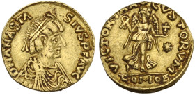 Ostrogoths, Theoderic (King of Goths, 474/5-493, or ruler of Italy, 493-526). AV Tremissis (13mm, 1.19g). In the name of Anastasius I. Rome, 491-518. ...