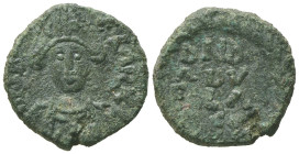 Ostrogoths, Baduila (541-552). Æ 10 Nummi (16mm, 4.00g). Rome, c. AD 527. Crowned bust facing. R/ DNB / ΛDV / ELΛ / REX within wreath. MEC I, 158; MIB...