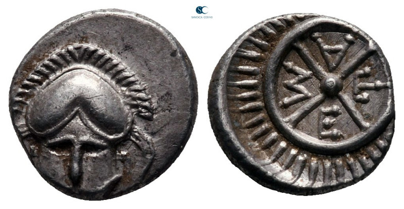 Thrace. Mesembria circa 400-300 BC. 
Diobol AR

11 mm, 1,26 g

Helmet facin...