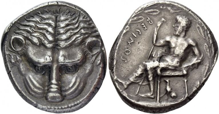 Bruttium, Rhegium. Tetradrachm circa 435-425, AR 17.46 g. Lion's mask facing. Re...