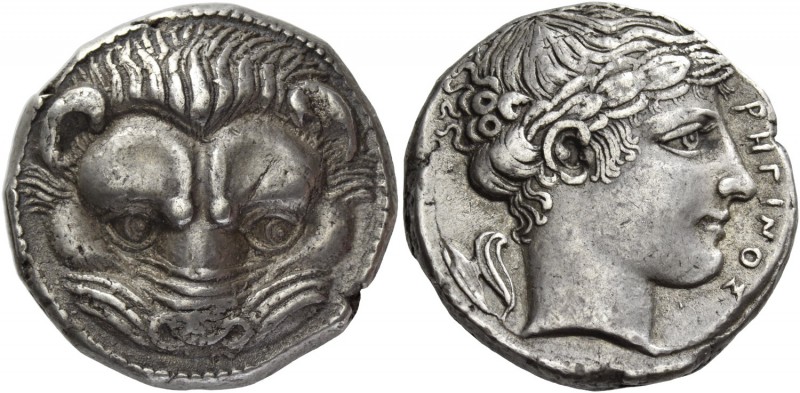 Bruttium, Rhegium. Tetradrachm circa 420-410, AR 17.42 g. Lion’s mask facing. Re...