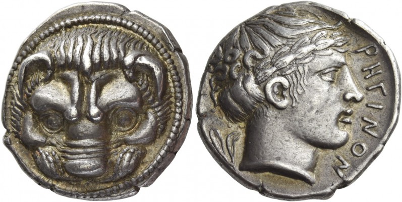 Bruttium, Rhegium. Tetradrachm circa 415-400, AR 17.34 g. Lion's mask facing. Re...