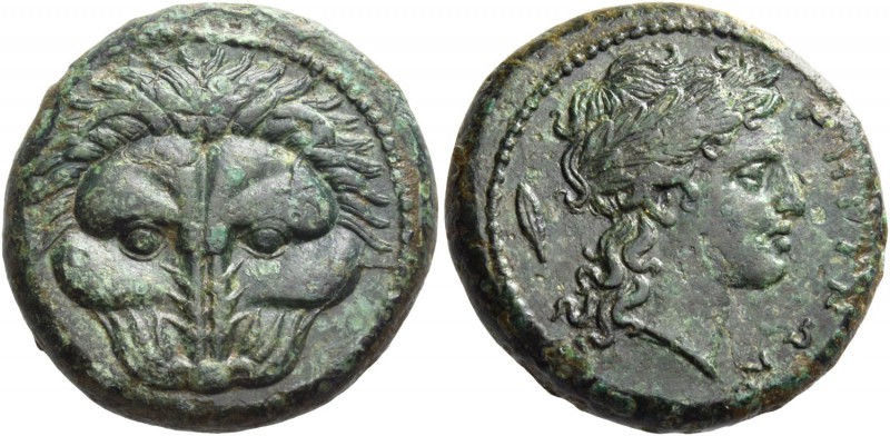 Bruttium, Rhegium. Bronze circa 351-280, Æ 10.72 g. Lion's mask facing. Rev. PHΓ...