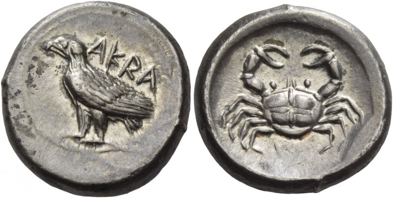 Sicily, Agrigentum. Didrachm circa 495-485, AR 8.71 g. AKRA Eagle standing l., w...
