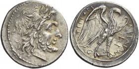 Sicily, Agrigentum. Drachm circa 213-211, AR 3.27 g. Laureate head of Zeus r. Rev. ΑΚΡΑΓΑΝ – ΤΙΝΩΝ Eagle standing r., with open wings; in r. field, E....