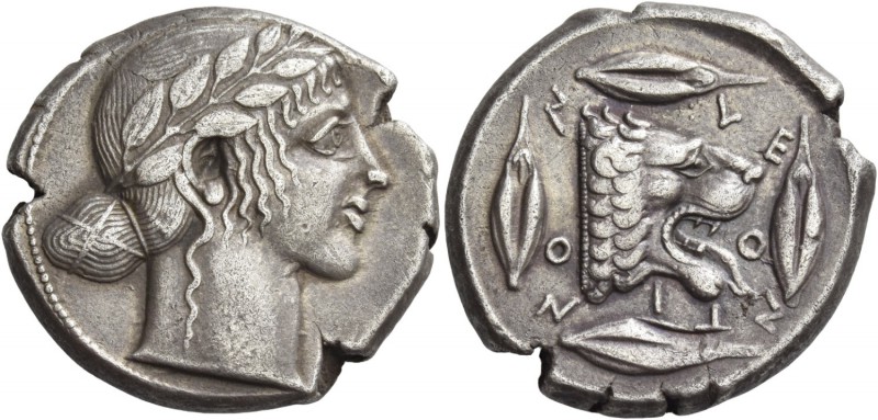Leontini. Tetradrachm circa 455-450, AR 17.01 g. Laureate head of Apollo r. Rev....