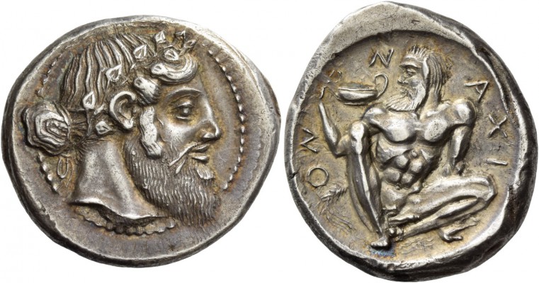 Naxos. Tetradrachm circa 460 BC, AR 17.25 g. Bearded and ivy-wreathed head of Di...