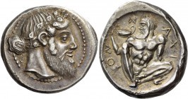 Naxos. Tetradrachm circa 460 BC, AR 17.25 g. Bearded and ivy-wreathed head of Dionysos r., his hair tied in a krobylos at nape of neck. Rev. Ν – ΑXΙ –...