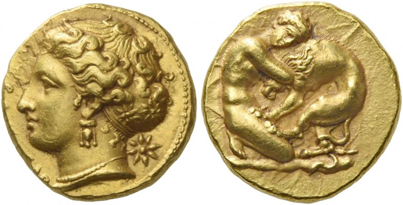 Syracuse. Double decadrachm circa 400, AV 5.79 g. ΣΥΡ[ΑΚΟΣΙΟΝ] Head of goddess l...