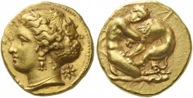 Syracuse. Double decadrachm circa 400, AV 5.79 g. ΣΥΡ[ΑΚΟΣΙΟΝ] Head of goddess l., hair elaborately waved and caught up behind in star-ornamented sphe...