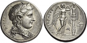 Syracuse. Tetradrachm circa 310-305, AR 17.04 g. KOPAΣ Head of Kore-Persephone r., wearing barley wreath, earring with drop pendant and necklace; hair...