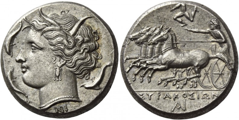 Syracuse. Tetradrachm circa 310-305, AR 17.12 g. Head of Kore-Persephone l., wea...