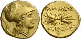 Syracuse. Double decadrachm circa 295-289, AV 5.69 g. Head of Athena r., wearing crested Corinthian helmet, bowl decorated with griffin. Rev. [Α]ΓΑΘΟΚ...