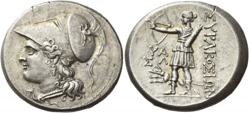 Syracuse. 12 litrae 214-212, AR 10.19 g. Head of Athena l., wearing crested Cori...
