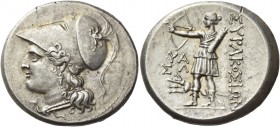 Syracuse. 12 litrae 214-212, AR 10.19 g. Head of Athena l., wearing crested Corinthian helmet decorated with griffin on bowl. Rev. ΣΥΡΑΚΟΣΙΩΝ Artemis ...