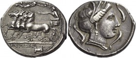 The Carthaginians in Italy, Sicily and North Africa. Tetradrachm, Thermae Himerensis circa 350, AR 16.95 g. Fast quadriga driven l. by charioteer, hol...