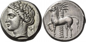 The Carthaginians in Italy, Sicily and North Africa. Tetradrachm, uncertain mint in Sicily "people of the camp" circa 350-320, AR 17.41 g. Head of Tan...