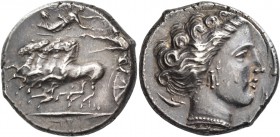 The Carthaginians in Italy, Sicily and North Africa. Tetradrachm, Ršmlqrt mint (Lilybaion ?) circa 325-300, AR 16.98 g. Fast quadriga l.; above, Nike ...