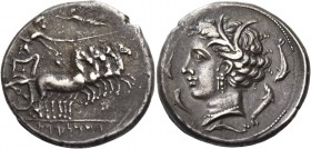 The Carthaginians in Italy, Sicily and North Africa. Tetradrachm, Ršmlqrt mint (Lilybaion ?) circa 325-300, AR 16.88 g. Fast quadriga r.; above flying...