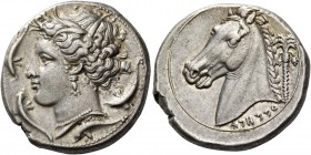 The Carthaginians in Italy, Sicily and North Africa. Tetradrachm, uncertain mint in Sicily "people of the camp" circa 320, AR 17.07 g. Head of Tanit (...