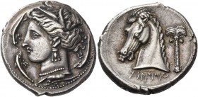 The Carthaginians in Italy, Sicily and North Africa. Tetradrachm, uncertain mint in Sicily "people of the camp" circa 320, AR 16.96 g. Head of Tanit (...