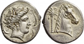 The Carthaginians in Italy, Sicily and North Africa. Tetradrachm, uncertain mint in Sicily "people of the camp" circa 320, AR 16.93 g. Head of Tanit (...