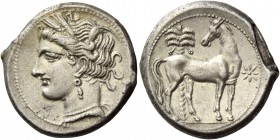 The Carthaginians in Italy, Sicily and North Africa. Shekel, Carthago circa 280-260 BC, AR 7.44 g. Head of Tanit (Kore-Persephone) l., wearing barley-...