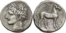 The Carthaginians in Italy, Sicily and North Africa. Trishekel, Carthago circa 264-241 BC, AR 13.45 g. Head of Tanit (Kore-Persephone) l., wearing bar...
