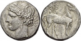 The Carthaginians in Italy, Sicily and North Africa. Trishekel, Carthago circa 264-241 BC, billon 18.83 g. Head of Tanit (Kore-Persephone) l., wearing...