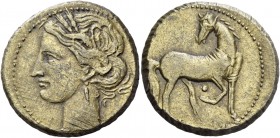 The Carthaginians in Italy, Sicily and North Africa. 1 and 1/2 shekel, Carthago circa 203-201, billon 10.02 g. Head of Tanit (Kore-Persephone) l., wea...