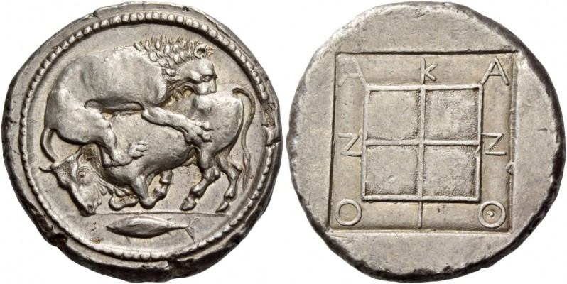 Macedonia, Acanthus. Tetradrachm circa 430-400, AR 17.26 g. Bull crouching to l....