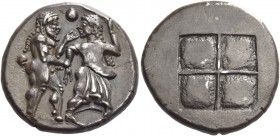 Thraco-Macedonian Tribes, Siris or Lete. Stater circa 490, AR 9.83 g. Nude ithyphallic satyr grasping r. arm of nymph, trying to move away from him; i...