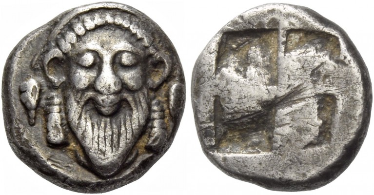 Uncertain tribes. Tetrobol circa 500, AR 2.72 g. Facing bearded head of Dionysus...