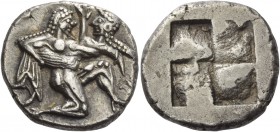 Islands off Thrace, Thasos. Stater circa 490, AR 9.71 g. Naked ithyphallic satyr supporting nymph under thighs with r. arm, the l. hand under her back...