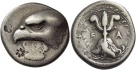 Elis, Olympia. Stater signed by DA..., circa 408 BC, the 93rd Olympiad, AR 11.53 g. Head of eagle l., beneath, white poplar leaf inscribed ΔΑ. Rev. F ...