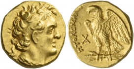 Ptolemy I Soter king, 305–285. Third chryson or hemidrachm, Alexandria circa 305-285 BC, AV 1.78 g. Diademed head r., wearing aegis. Rev. [BAΣIΛEΩΣ] –...