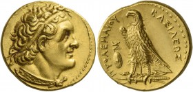 Ptolemy II Philadelphos, 285 – 246 BC. Pentadrachm, Alexandria 277 BC, AV 17.80 g. Diademed head r., wearing aegis. Rev. BAΣIΛEΩΣ – ΠTOΛEMAIOY Eagle s...