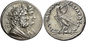 Ptolemy IV Philopator, 221-205. Tetradrachm, Alexandria 221-203, AR 13.97 g. Joined draped busts r. of Serapis, wreathed, and Isis, diademed. Rev. ΠΤΟ...