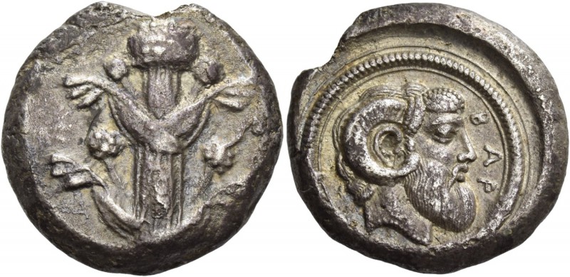 Cyrenaica, Barce. Tetradrachm circa 450-440 BC, AR 16.49 g. Silphium plant with ...