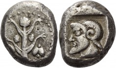 Cyrene. Tetradrachm circa 485-475, AR 17.36 g. Silphium plant with two pairs of leaves and three umbels; at sides, fruit. Rev. Bearded and horned head...